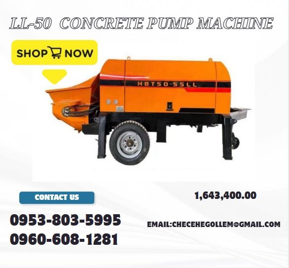 LL-50 CONCRETE PUMP MACHINE (Category: Construction Tools & Equipment) located in Caloocan City. Submitted by gollemrea92925 (Listing ID 1456828760, Image 1). Description: ●Model: LL-50 ●Dimensions: 4.2*1.5*1.5m ●Power: 55kw ●Weight: 2800 KG ●Aggregate diameter: 0.5-4cm ●Conveying height: 160M ●Conveying length: 300M ●Pipe diameter: 100/80mm ●Conveying rate :25-30m³/H ●Voltage: 380 V3 phase .