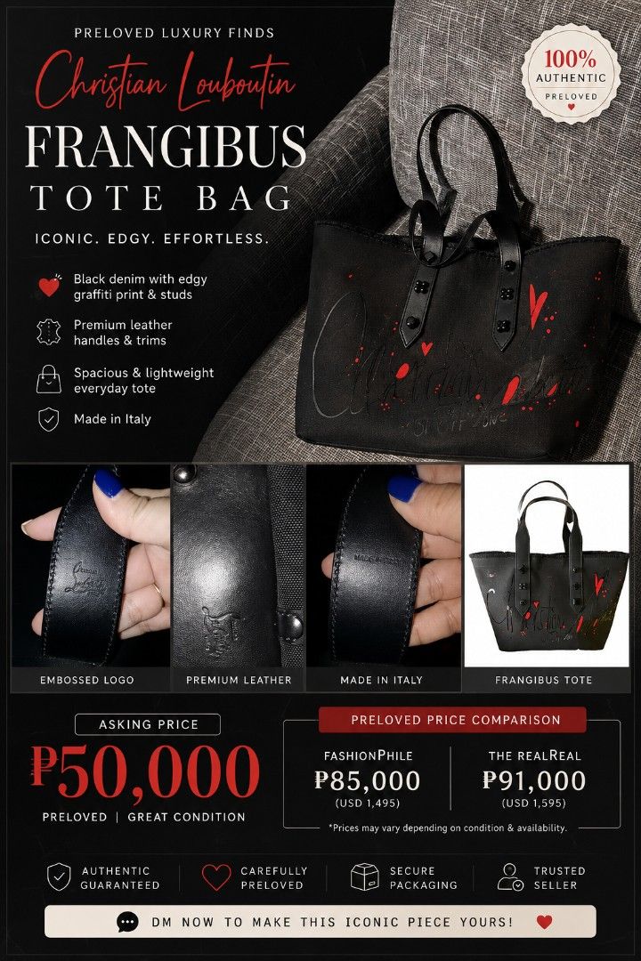Louboutin Frangibus (Category: Luxury Bags & Wallets) located in Manila. Submitted by chixplaybaby0628 (Listing ID 1456908653, Image 1). Description: authentic louboutin frangibus denim bag.