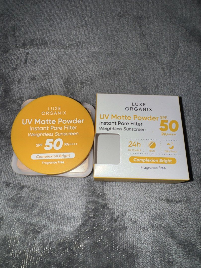 Luxe Organix UV Matte Powder SPF 50 Complexion Bright (Category: Face Care) located in Manila. Submitted by aadonna (Listing ID 1456898538, Image 1). Description: - Luxe Organix UV Matte Powder in Complexion Bright shade - SPF 50 PA++++ for sun protection - Instant pore filter effect - Weightless sunscreen formula - 24-hour oil control - Blurs pores for a smoother look - Silky matte finish - Fragrance-free - Perfect for achieving a matte complexi