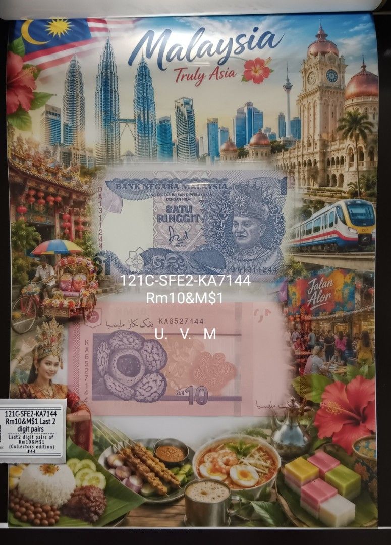 Malaysia 1 Ringgit & 10 Ringgit Banknotes (Category: Currency) located in Kuala Lumpur. Submitted by uncutversionmarketing (Listing ID 1456867742, Image 1). Description: - Set includes 1 Malaysian Ringgit and 10 Malaysian Ringgit banknotes 121C-SFE2-KA7144 - Collector's edition, ideal for numismatists. - Serial numbers end with '44', adding to its uniqueness. - Presented in a display case showcasing iconic Malaysian landmarks. - Makes a fantastic