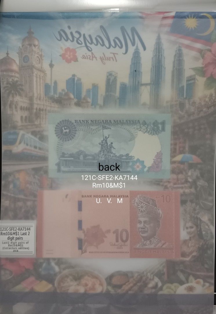 Malaysia 1 Ringgit & 10 Ringgit Banknotes (Category: Currency) located in Kuala Lumpur. Submitted by uncutversionmarketing (Listing ID 1456867742, Image 3). Description: - Set includes 1 Malaysian Ringgit and 10 Malaysian Ringgit banknotes 121C-SFE2-KA7144 - Collector's edition, ideal for numismatists. - Serial numbers end with '44', adding to its uniqueness. - Presented in a display case showcasing iconic Malaysian landmarks. - Makes a fantastic