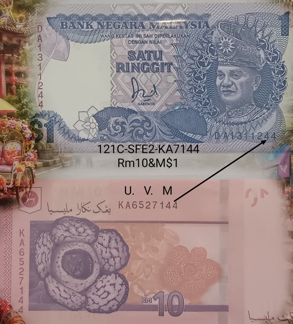Malaysia 1 Ringgit & 10 Ringgit Banknotes (Category: Currency) located in Kuala Lumpur. Submitted by uncutversionmarketing (Listing ID 1456867742, Image 2). Description: - Set includes 1 Malaysian Ringgit and 10 Malaysian Ringgit banknotes 121C-SFE2-KA7144 - Collector's edition, ideal for numismatists. - Serial numbers end with '44', adding to its uniqueness. - Presented in a display case showcasing iconic Malaysian landmarks. - Makes a fantastic