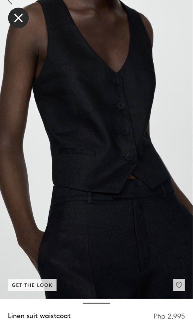 Mango Linen Suit Waistcoat Black - Small (Category: Sleeveless) located in Taguig. Submitted by Rveebee (Listing ID 1456835406, Image 3). Description: - MNG black waistcoat - Linen blend fabric - Button front closure - Two front pockets - Versatile for layering over shirts or dresses - Suitable for both casual and formal occasions BRAND NEW with tag.