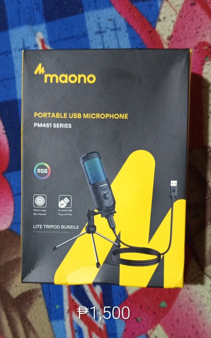 Maono PM461TR RGB Portable USB Microphone Lite Tripod Bundle (Category: Microphones) located in Makati City. Submitted by emilgutierrez032 (Listing ID 1456946334, Image 1). Description: - Maono PM461TR RGB USB Microphone - Includes Lite Tripod Bundle - 14mm Large Mic Capsule - -speed USB Plug and Play - Ideal for Streaming and Recording - User Manual and Original Accessories Included - Price: P1,500.