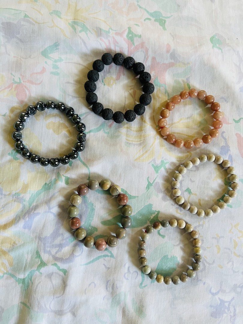 Mix Couple Gemstones Bracelets 6pcs (Category: Other Accessories) located in Quezon City. Submitted by labnstyle (Listing ID 1456832118, Image 1). Description: 6 pcs bracelets for only 1K!!! 2 Alashan Agate - Big and Small 1 Sandstone - Small 1 Moonstone - Med 1 Lava stone - Big 1 Hematite Stone - Med Total actual price costs 1200-1500. Each bracelets cost 180-280 each in actual depending on the size. .