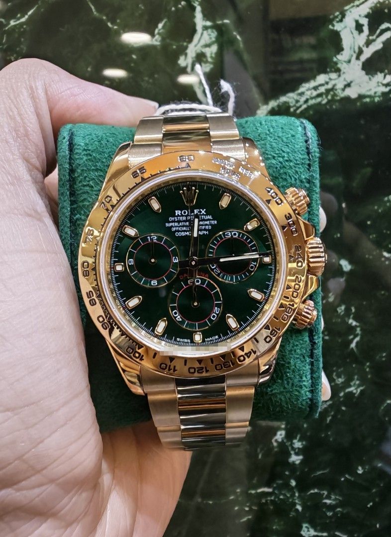 Oct 2017 Rolex Daytona full yellow gold green John mayer 116508 (Category: Watches) located in Singapore. Submitted by hengwatch (Listing ID 1456887881, Image 1). Description: Rolex Daytona full yellow gold green John mayer model 116508 mint condition comes with box and cert dated Oct 2017 with white tag with matching serial number 11.5 links selling for $85200 hsbc and standard chartered and dbs and uob and OCBC ipp available 6/12/24 months OCBC