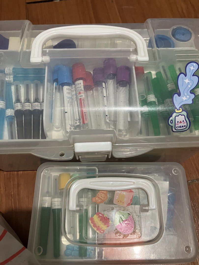Phleb kit for Medical Technology course (Category: Medical Supplies & Tools) located in San Juan City. Submitted by _yumiiiko (Listing ID 1456784754, Image 1). Description: Large and small phleb kit - [ ] Ets - 23 guage (9) - [ ] Ets - 22 (4) - [ ] Ets - 21 (15) - [ ] Ets - 21 w/ backflow (3) - [ ] Lancet - [ ] Alcohol pads - [ ] Cover slip (3 boxes) - [ ] Edta (8) - [ ] Red tube (4) - [ ] Blue tube (6) - [ ] Green tube (9) - [ ] Gold tube (3) - 
