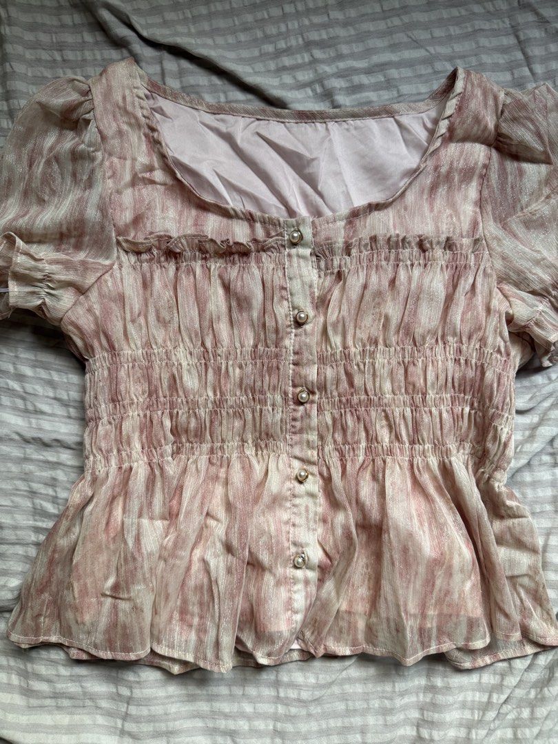 Pink and White Smocked Puff Sleeve Top (Category: Blouses) located in Pasig City. Submitted by squirrelthings (Listing ID 1456864906, Image 1). Description: tags: whimsical cottage core fairy morgan de toi y2k gothic.