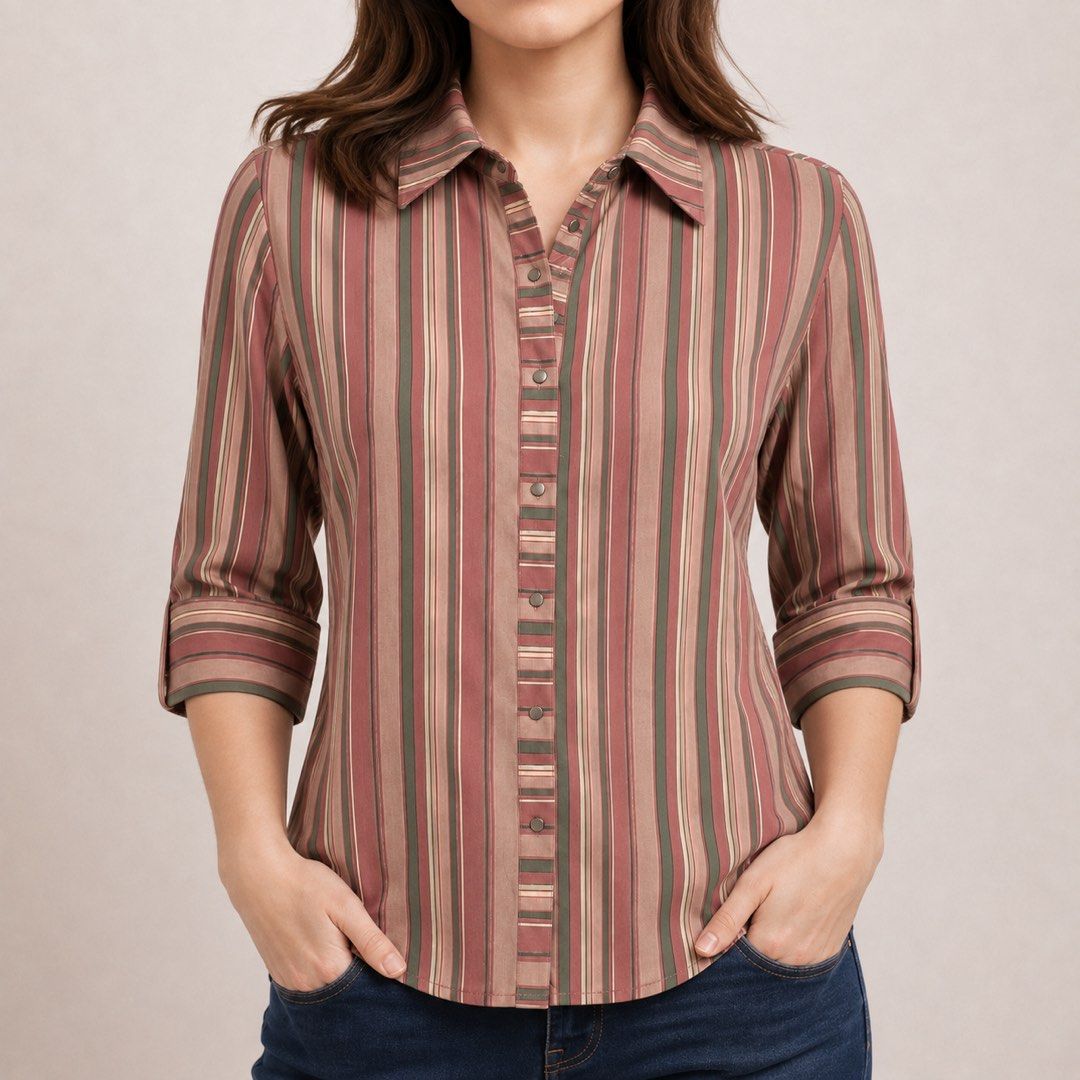Pink Striped Button Up Top (Category: Longsleeves) located in San Ildefonso. Submitted by rgdeclutters (Listing ID 1456921407, Image 2). Description: L - 22" W - 18".
