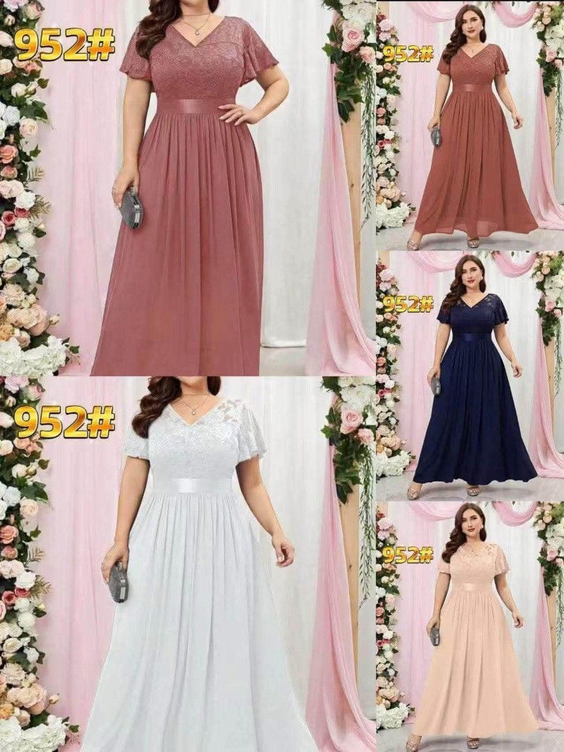 Plus Size Formal Evening Gown Dress (Category: Evening dresses & gowns) located in Manila. Submitted by nikita02_kara (Listing ID 1456812931, Image 1). Description: Beautiful plus size formal dresses. Available in multiple colors: dusty rose, navy blue, white, peach, and teal. Lace detailing on the bodice and short sleeves. Ribbon waist accent. Flowy chiffon skirt. Great for weddings, parties, or any special occasion. Please check photos for avai
