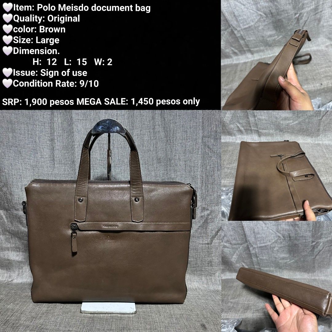 Polo Meisdo Original Brown Leather Document Bag Large (Category: Briefcases) located in Manila. Submitted by almonddy26 (Listing ID 1456903303, Image 1). Description: - Original Polo Meisdo Document Bag - Color: Nice Brown - Size: Large - Dimensions: Height 12 inches, Length 15 inches, Width 2 inches - Condition: Great, rated 9/10 (minor signs of use) - Original SRP: P1,900 - Selling Price: P1,450 only.