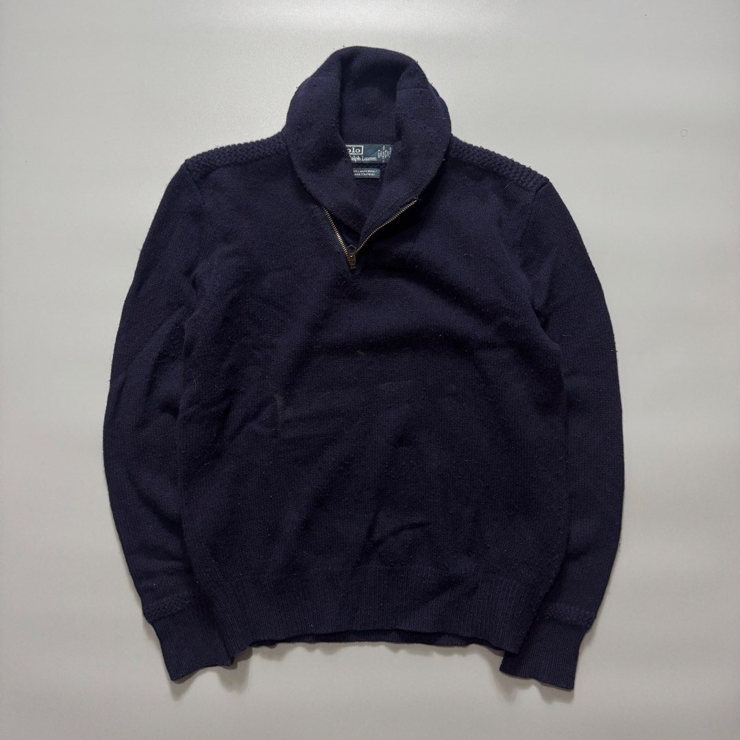 Polo Ralph Lauren 100% Lambswool Half-Zip Sweater (Category: Coats, Jackets and Outerwear) located in Santa Cruz. Submitted by bigsteppa.tiger (Listing ID 1456941753, Image 1). Description: 1990s Polo Ralph Lauren Knit Vintage Polo Ralph Lauren knitted shawl-collar half-zip, dark navy. Width – 19 Length – 26.