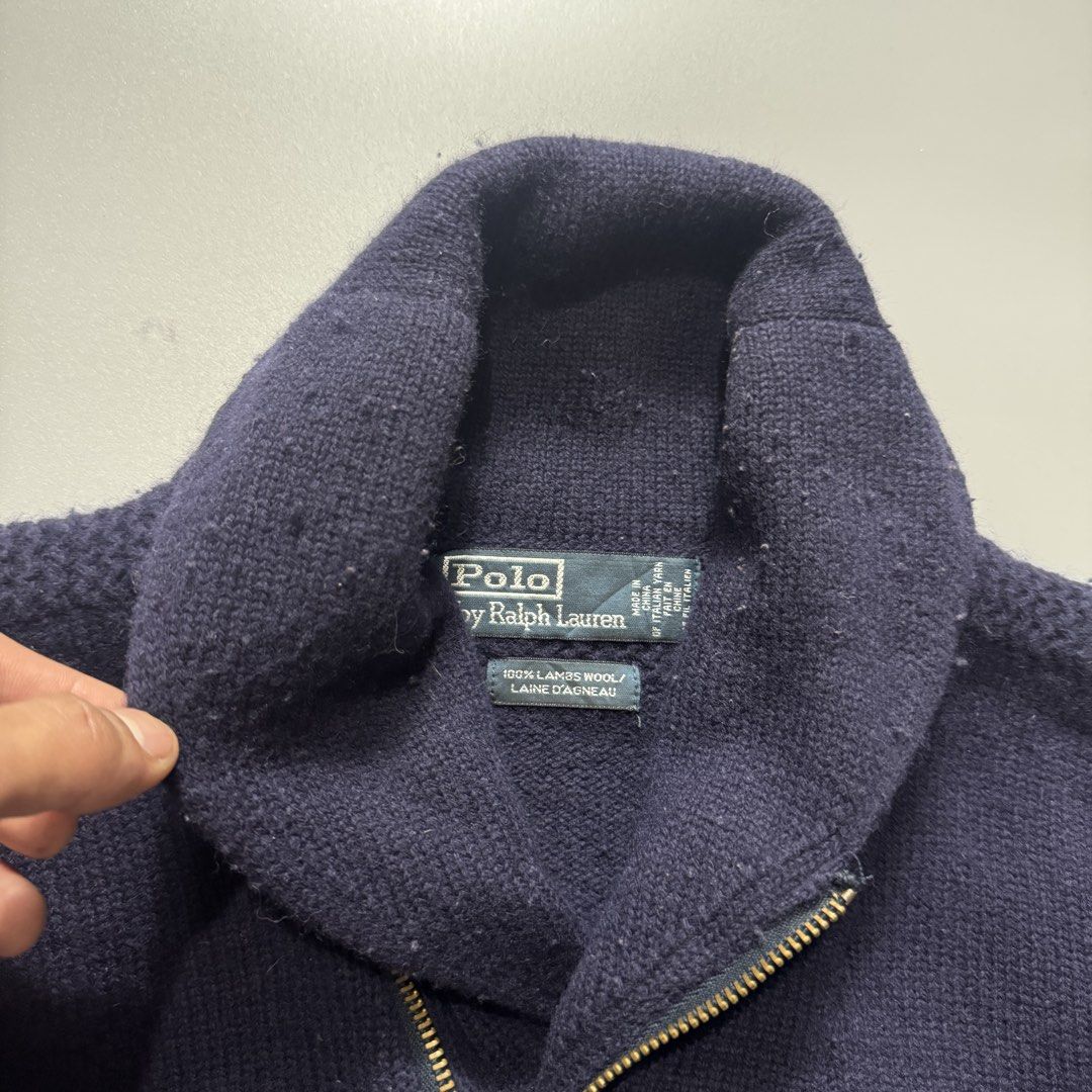 Polo Ralph Lauren 100% Lambswool Half-Zip Sweater (Category: Coats, Jackets and Outerwear) located in Santa Cruz. Submitted by bigsteppa.tiger (Listing ID 1456941753, Image 3). Description: 1990s Polo Ralph Lauren Knit Vintage Polo Ralph Lauren knitted shawl-collar half-zip, dark navy. Width – 19 Length – 26.