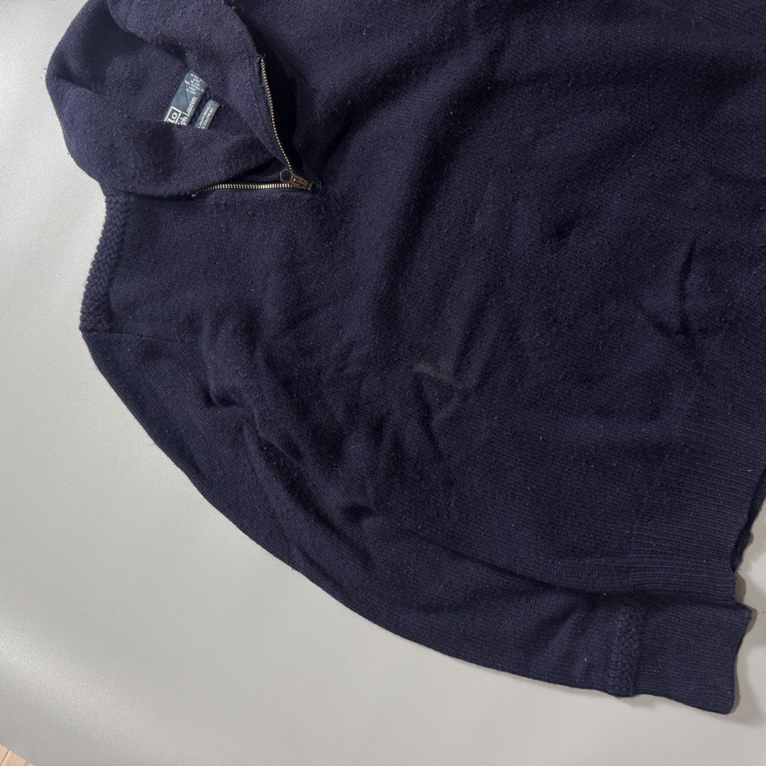 Polo Ralph Lauren 100% Lambswool Half-Zip Sweater (Category: Coats, Jackets and Outerwear) located in Santa Cruz. Submitted by bigsteppa.tiger (Listing ID 1456941753, Image 2). Description: 1990s Polo Ralph Lauren Knit Vintage Polo Ralph Lauren knitted shawl-collar half-zip, dark navy. Width – 19 Length – 26.
