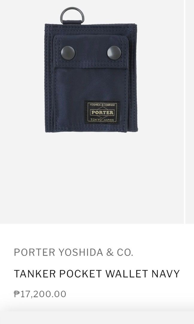Porter Yoshida & Co. Tanker Pocket Wallet (Category: Luxury Bags & Wallets) located in Santo Tomas. Submitted by pickers_corner (Listing ID 1456835307, Image 1). Description: YOSHIDA & COMPAY Porter Tanker Wallet excellent color rate no holes no stain issue gas2 sa snap button price - blue Porter Yoshida & Co. wallet - Tanker pocket style - Snap button closure - D-ring for attachments - Interior card slots - Clear ID window - Made in Japan.