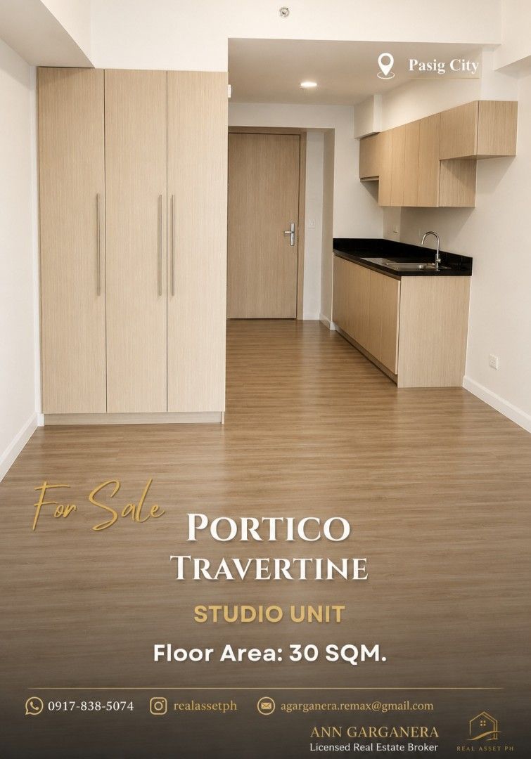 Portico Travertine Studio for Sale (Category: Apartments & Condos) located in Makati City. Submitted by realassetphremax (Listing ID 1456885804, Image 1). Description: FOR SALE: Portico Travertine Location: Pasig City PROPERTY DETAILS: Studio Unit Travertine 35th Floor Floor Area: 30 SQM Price: Php 5,500,000 ✔ Vacant and Ready for Occupancy ✔ Never been used ✔ Clean Title ✔ Best and Steal Deal property available in the market ✔ City views of BGC 