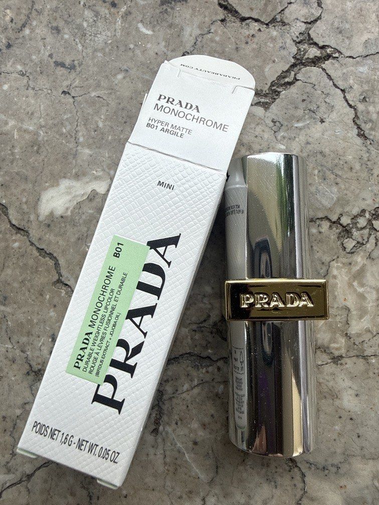 Prada Monochrome Hyper Matte B01 Argile Mini Lipstick (Category: Makeup) located in Angeles City. Submitted by migs_font29 (Listing ID 1456922665, Image 1). Description: - Prada Monochrome Hyper Matte Lipstick - Shade: B01 Argile (Matte Brown) - Size: Mini - Condition: Comes in original box - Perfect for adding a pop of color.