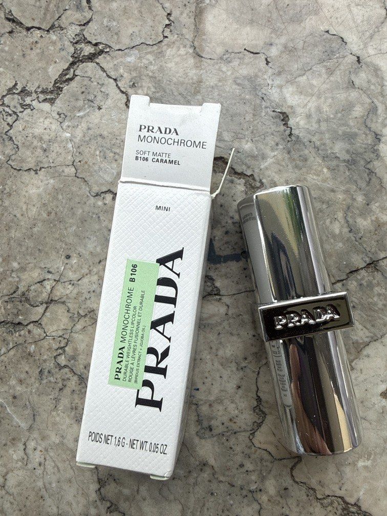 PRADA Monochrome Soft Matte Lipstick B106 Caramel Mini (Category: Makeup) located in Angeles City. Submitted by migs_font29 (Listing ID 1456922680, Image 1). Description: - Prada Monochrome Soft Matte Lipstick - Shade: B106 Caramel - Finish: Soft Matte - Size: Mini - Includes original box - Ideal for travel or testing the shade.