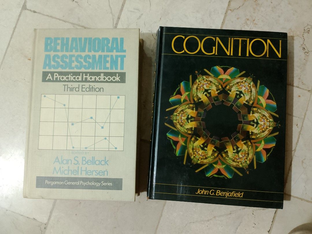 PSYCHOLOGY TEXTBOOK BUNDLE — 2 HARDBOUND BOOKS (Category: Textbooks) located in Manila. Submitted by prelovedbooks777 (Listing ID 1456788927, Image 1). Description: 1. Behavioral Assessment: A Practical Handbook (3rd Ed.) — Learn how to observe, measure, and analyze human behavior step-by-step! Essential reference! 2. Cognition — Explore how we think, remember, learn, and process information! Deep dive into the workings of the human mind! .