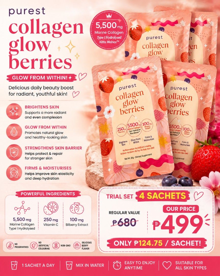 PUREST COLLAGEN GLOW BERRIES — TRIAL SET ✨🍓 (Category: Face Care) located in Manila. Submitted by smartluxeph (Listing ID 1456860490, Image 1). Description: 🍓✨ PUREST COLLAGEN GLOW BERRIES — TRIAL SET ✨🍓 Want to try it first before committing to a full supply? 💕 Here’s an easy 4-day trial set of Purest Collagen Glow Berries! Each sachet contains: 💗 5,500 mg Marine Collagen Type I Hydrolysed 🍊 250 mg Vitamin C 🫐 100 mg Bilberry Extract 🍓 D