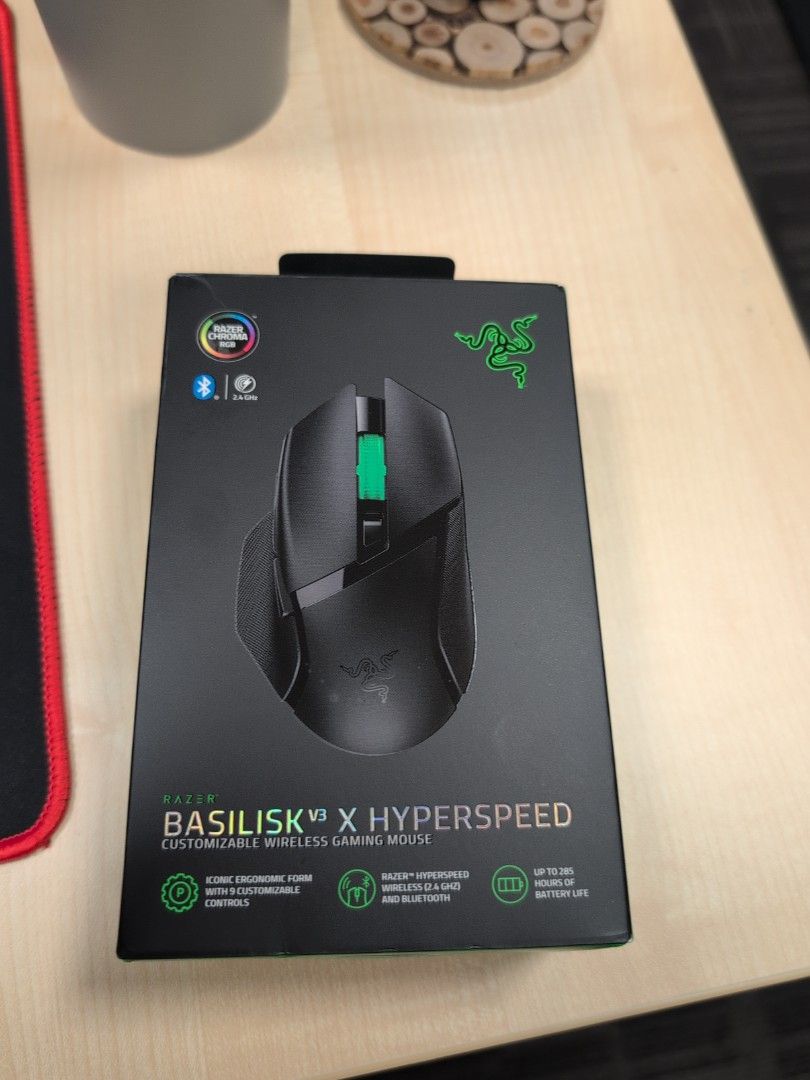 Razer HyperSpeed Wireless Gaming Mouse (Category: Mouse & Mousepads) located in Singapore. Submitted by jesonjam (Listing ID 1456789708, Image 1). Description: - Razer HyperSpeed Wireless Gaming Mouse - 9 Customizable Controls - Razer 5G Advanced Optical Sensor - Razer Chroma RGB Lighting - Up to 285 Hours Battery Life - Connectivity: HyperSpeed Wireless (2.4 GHz) & Bluetooth - Ideal for Gaming & Productivity.
