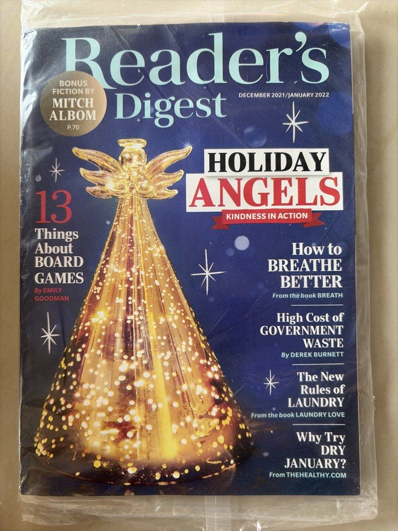 Reader's Digest Magazines - Oct 2021 to Apr 2022 (Category: Magazines) located in Mandaluyong City. Submitted by charliegirl1028 (Listing ID 1456869204, Image 3). Description: - P50 per issue - Reader's Digest magazines, US issues - sealed, All still in original plastic packaging - Includes issues: Oct 2021, Nov 2021, Dec 2021/Jan 2022, Feb 2022 (Anniversary Issue), Mar/Apr 2022 - Topics: Pets, travel, technology, inspiring stories .
