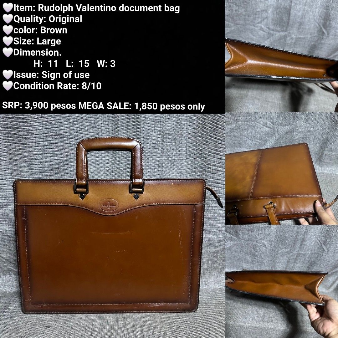 Rudolph Valentino Original Brown Leather Document Bag - Large (Category: Briefcases) located in Manila. Submitted by almonddy26 (Listing ID 1456936651, Image 1). Description: - Authentic Rudolph Valentino document bag - Color: Brown - Size: Large (H: 11 inches, L: 15 inches, W: 3 inches) - Original Price: P3,900 - Sale Price: P1,850.