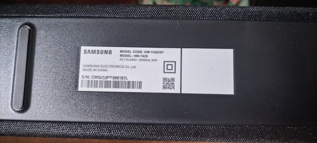 Samsung Soundbar HW T420 (Category: Soundbars, Speakers & Amplifiers) located in Paranaque City. Submitted by dune_01 (Listing ID 1456811873, Image 2). Description: Soundbar HW T420 Samsung 150w Loud and Very Clear Audio 2.1ch Deep Subwoofer Sound Perfect for Movie nights and Listening to Music Remote Control included Still has the box, manual and receipt. No Issues, check and test all you want RFS: very seldom used/declutter.