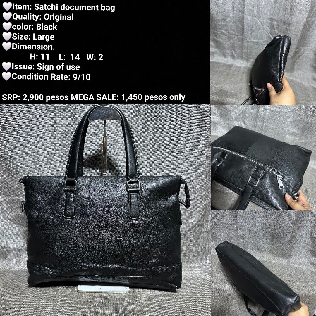 Satchi Original Black Leather Large Document Bag (Category: Briefcases) located in Manila. Submitted by almonddy26 (Listing ID 1456903389, Image 1). Description: - Original Satchi document bag - Color: Black - Size: Large (H:11" L:14" W:2") - Condition: 9/10 (great, with minor signs of use) - Original Price: P2,900 - MEGA SALE Price: P1,450.