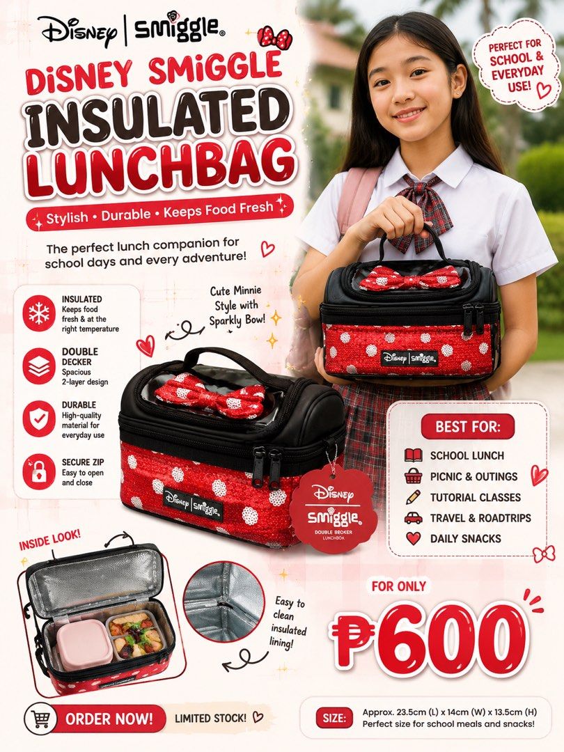 Smiggle Minnie Mouse Lunchbag (Category: Food Organization & Storage) located in Caloocan City. Submitted by pinkpurpleicioustwopointow (Listing ID 1456844996, Image 1). Description: Insulated Lunch Bag or pwede rin for girls lagayn ng make up.. .