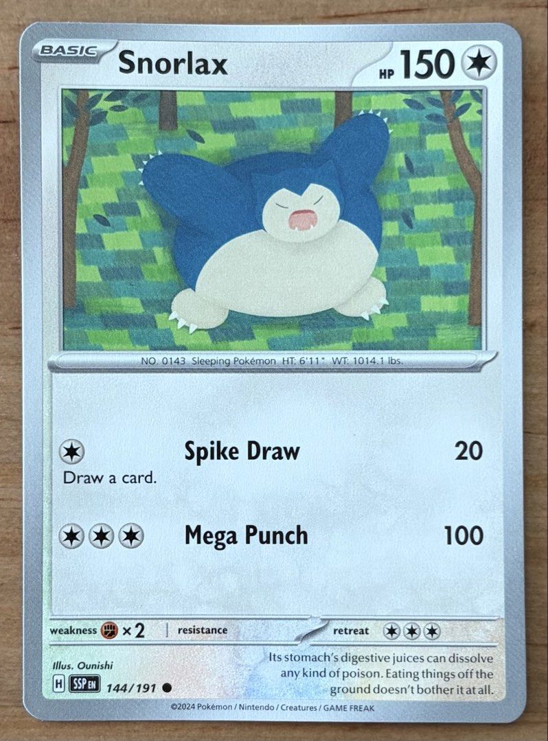 Snorlax | Pokemon Cards ~ Surging Sparks (Category: Raw Singles) located in Makati City. Submitted by cardlab (Listing ID 1456823068, Image 1). Description: Items are 💯 authentic/original/legit. About The Card: •Language: EN • Number: 144/191 • Common • Normal FOR: • Cards ₱99 and below with Card Sleeves • Cards ₱100 and up with Card Sleeves and Used Toploader • ₱10 for Bnew Tops Packaging (If Shipping): ✔️ Plastic cover ✔️ Cardboard ✔️ Bubble w