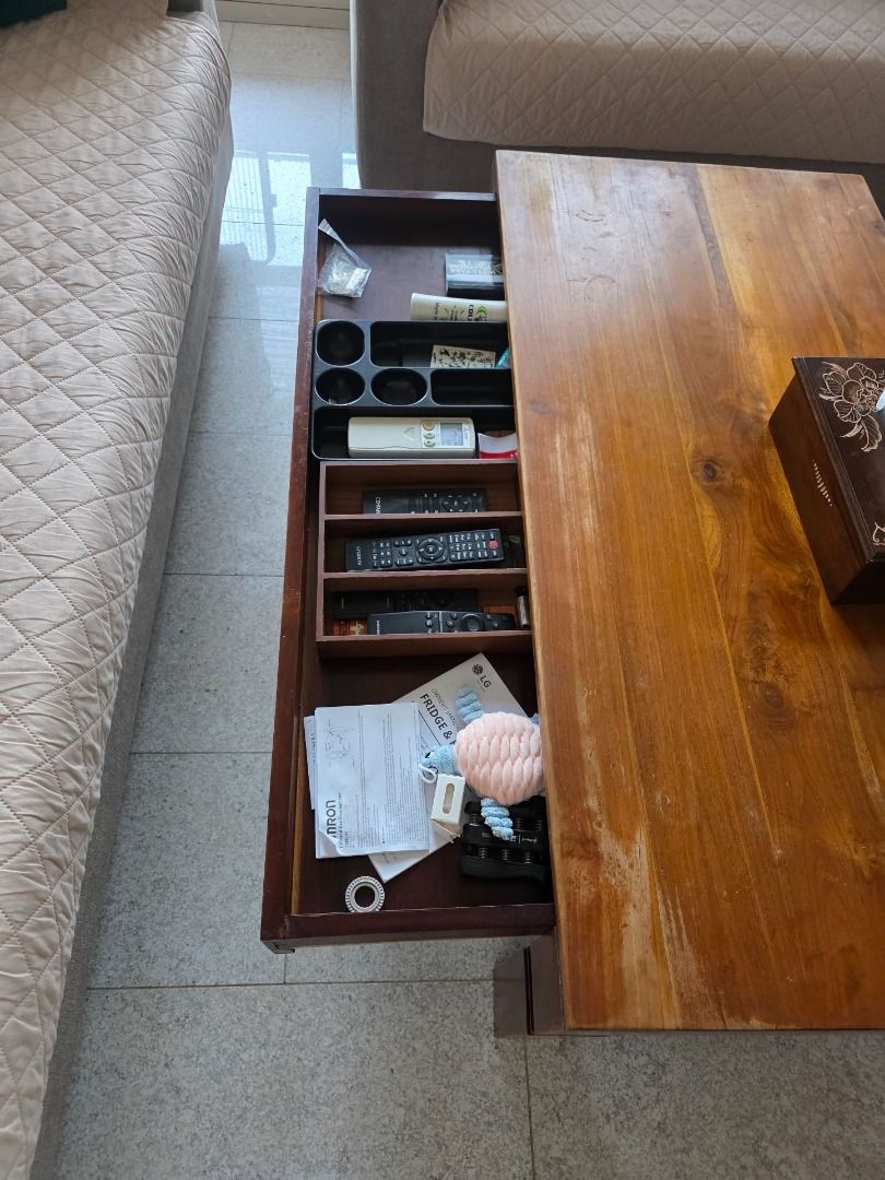 Solid Teak Coffee Table (Category: Tables & Sets) located in Singapore. Submitted by clarity.charity (Listing ID 1456873149, Image 2). Description: Solid Teak Coffee Table with large Drawer to store remotes etc . Dimensions - 120 cm X 60 cm X 43cm (H) Self collect from 30 Sturdee Road , Kerrisdale condo S207852.