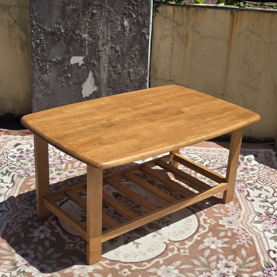 Solid Wood Coffee Table (Category: Tables & Sets) located in Pasig City. Submitted by millennialthrifter (Listing ID 1456834072, Image 1). Description: 🔥SOLID WOOD COFFEE TABLE - 2200 ✅Unused. In-assemble lang 🫶 ✅Solid wood ✅With rack below for more storage.