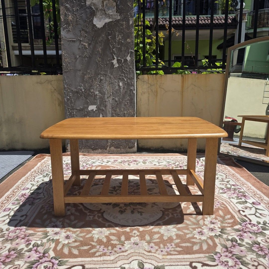 Solid Wood Coffee Table (Category: Tables & Sets) located in Pasig City. Submitted by millennialthrifter (Listing ID 1456834072, Image 2). Description: 🔥SOLID WOOD COFFEE TABLE - 2200 ✅Unused. In-assemble lang 🫶 ✅Solid wood ✅With rack below for more storage.