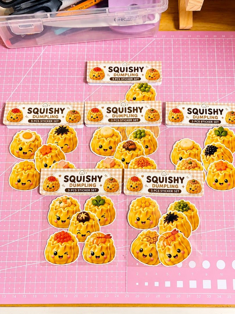 Squishy Dumpling Sticker Set - 5 pcs per pack (Category: Designer & Blind Box Toys) located in Mandaluyong City. Submitted by ohnapau (Listing ID 1456831515, Image 1). Description: 🥟 SQUISHY STICKER SET — 5 PCS Add a little extra cuteness to your notebooks, planners, journals, packaging, laptops, and everyday stuff! 💛✨ Our Squishy Sticker Set features adorable kawaii dumplings with different toppings and cute expressions. Perfect for sticker co