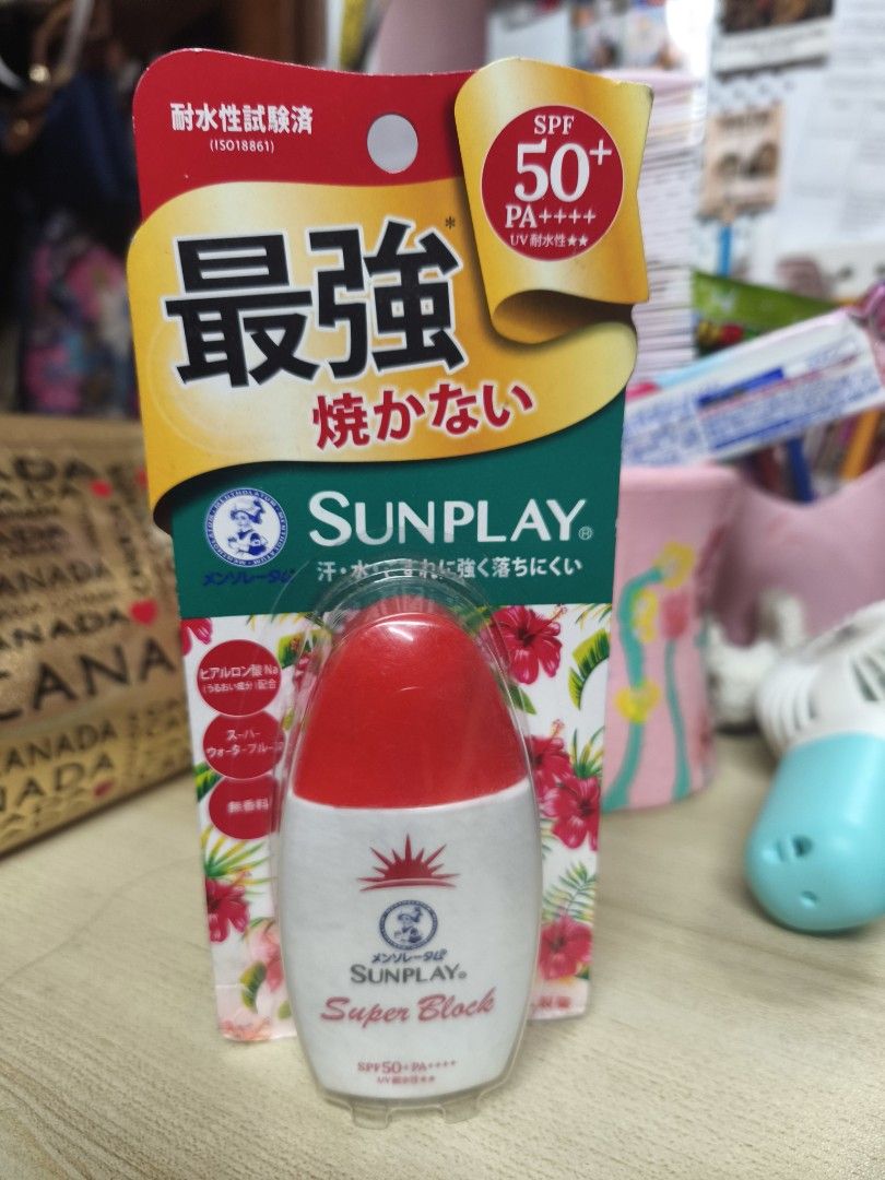 Sunplay Super Block SPF50+ PA++++ Sunscreen (Category: Face Care) located in Quezon City. Submitted by ng.stephanielauren (Listing ID 1456895933, Image 1). Description: - Sunplay Super Block Sunscreen - SPF50+ and PA++++ protection - Water and sweat resistant - Effectively blocks UV rays - Compact and portable bottle.