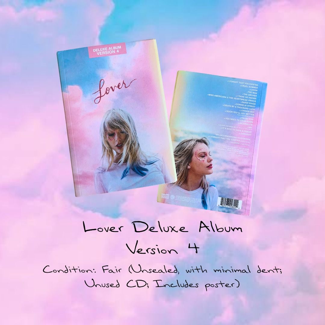 Taylor Swift Lover Deluxe Album Version 4 CD (Category: CDs & DVDs) located in Makati City. Submitted by shopwithmeraki_ (Listing ID 1456807758, Image 1). Description: Decluttering 📍 Location: Makati City • Item: Lover Deluxe Album • Variant: Version 4 • Condition: Fair (Unsealed, with minimal dent); Including poster and CD • Selling price: ₱1,000 • *Payment first*; Payment methods: GCash / Maribank / Maya / GoTyme / QRPH / Bank Transfer • Deliv
