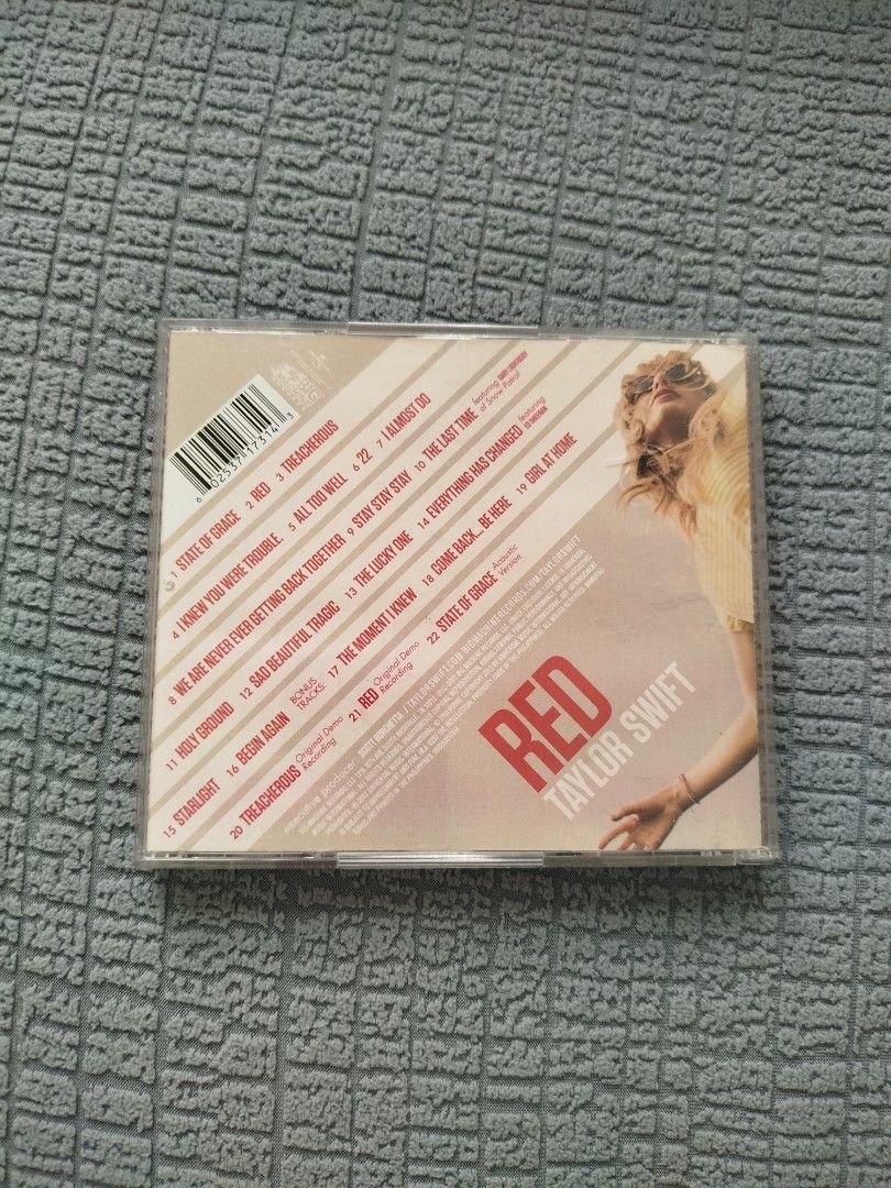 Taylor Swift RED CD Philippines Edition (2 CD) (Category: CDs & DVDs) located in Quezon City. Submitted by luckycitrine (Listing ID 1456800394, Image 2). Description: - Includes 2 CDs (with bonus tracks) - With scratches on the case, and 1-inch hairline crack at the back of the case - Guaranteed authentic - Ships via Grab/Lalamove from Novaliches or UP Technohub.
