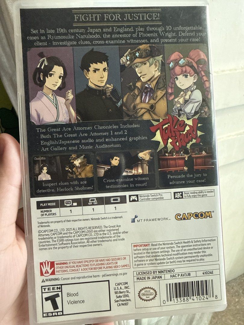 The Great Ace Attorney Chronicles Nintendo Switch (Category: Nintendo) located in Mandaluyong City. Submitted by pochvlv (Listing ID 1456789777, Image 2). Description: - Relive the epic saga of Ryunosuke Naruhodo across two full games. - Features both The Great Ace Attorney: Adventures and The Great Ace Attorney 2: Resolve. - Immerse yourself with English audio and stunning enhanced graphics. - Explore bonus content: Art Gallery and Music Auditor