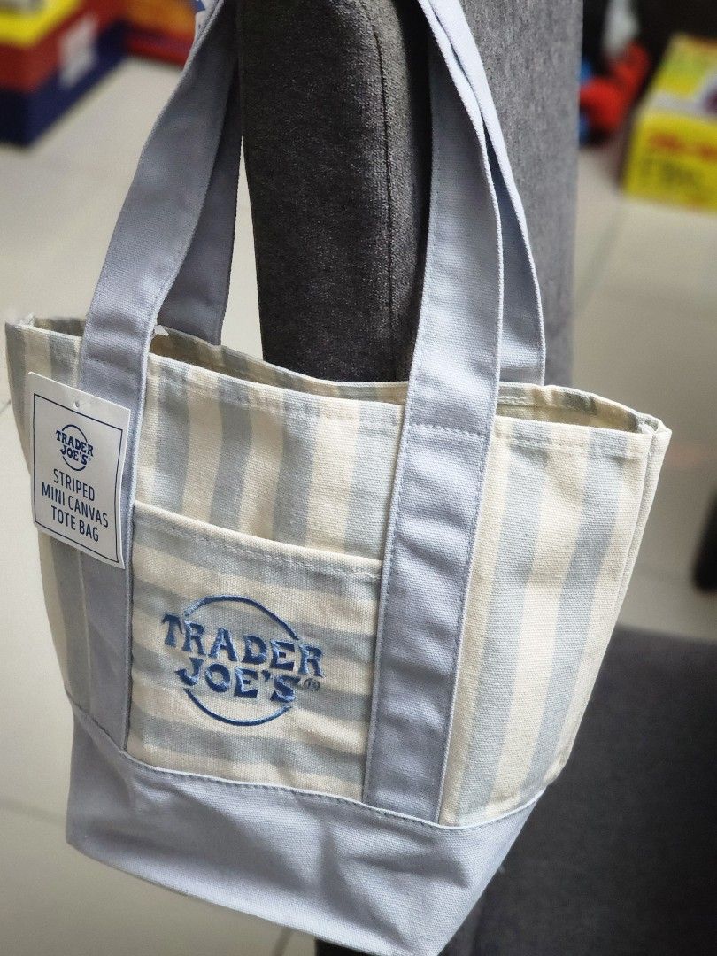 Trader Joe's Blue Striped Mini Tote (Category: Tote Bags) located in Binan City. Submitted by dottienook (Listing ID 1456929386, Image 1). Description: striped, mini canvas. tote bag sf at buyers expense. dm for more details.