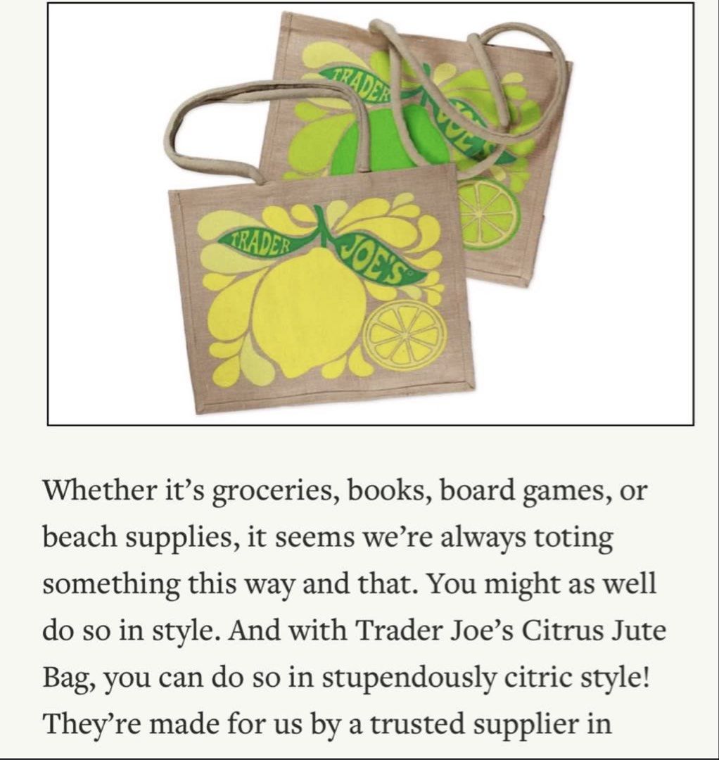 Trader Joe's Citrus Jute Bag - Lime Design (Category: Video Cameras) located in Angeles City. Submitted by migs_font29 (Listing ID 1456932414, Image 2). Description: - Adorable Trader Joe's jute bag featuring a fun lime design. - Versatile: Ideal for grocery runs, beach days, or everyday carrying. - Material: Made from durable and eco-friendly jute. - Dimensions: Approximately 13 inches (width) x 13 inches (height) x 6 inches (depth). - Features 
