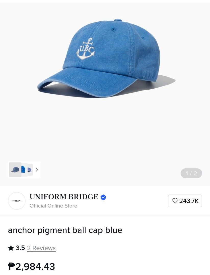 UNIFORM BRIDGE PIGMENT BALL CAP BLUE (Category: Caps & Hats) located in Bulacan. Submitted by ssirc (Listing ID 1456923009, Image 1). Description: UNIFORM BRIDGE ANCHOR PIGMENT BALL CAP BLUE 980+Sf ‼️ PAYMENT FIRST ‼️ GCASH ‼️ Has a small discoloration on the brim,not that noticeable ‼️.