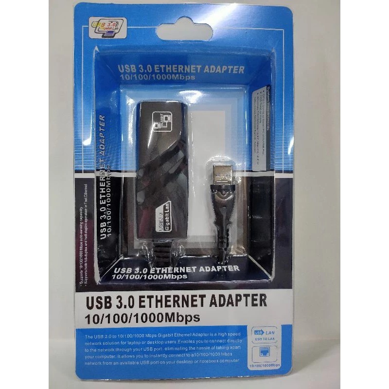 USB 3.0 Ethernet Adapter 10/100/1000Mbps (Category: Cables & Adaptors) located in Manila. Submitted by sdfsolutions (Listing ID 1456934989, Image 2). Description: USB 3.0 ETHERNET ADAPTER 10/100/1000Mbps Features • Supports 10/100/1000 Mbps auto-sensing capability - USB 3.0 Interface Backward Compatibility with USB 2.0 • Supports Auto MDIX (straight and cross network cable auto-detection) Supports USB full and high speed modes with bus power capa