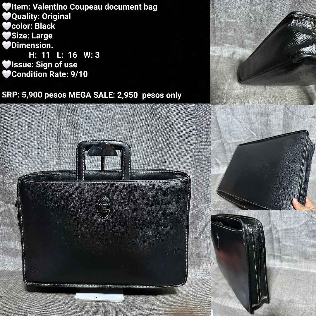 Valentino Coupeau Original Black Leather Document Bag (Category: Briefcases) located in Manila. Submitted by almonddy26 (Listing ID 1456903492, Image 1). Description: - Original Valentino Coupeau document bag - Color: Black - Size: Large (H: 11 inches, L: 16 inches, W: 3 inches) - Condition: 9/10 (shows minor signs of use) - Original Price: P5,900 - Mega Sale Price: P2,950.