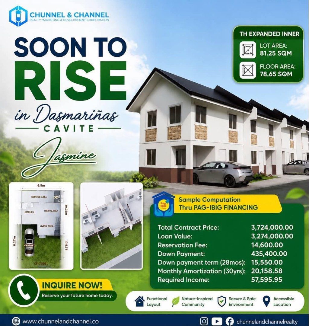 🏠Velterra Dasma Jasmine Townhouse Expanded - Inner Unit 🏠 (Category: House & Lot) located in Dasmarinas. Submitted by repropertiesphbykuyajstn.777 (Listing ID 1456809270, Image 3). Description: 🏡 Your future home is waiting! Own a Jasmine Townhouse Expanded – Inner Unit in Dasmariñas City, Cavite and enjoy a home designed for your family’s future. ✨ Provision for 3 Bedrooms 🚗 Carport 🛁 2 Toilet & Bath 🍽 Spacious Living, Dining & Kitchen Are