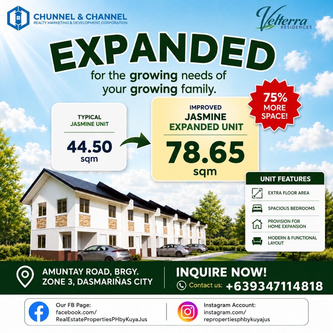 🏠Velterra Dasma Jasmine Townhouse Expanded - Inner Unit 🏠 (Category: House & Lot) located in Dasmarinas. Submitted by repropertiesphbykuyajstn.777 (Listing ID 1456809270, Image 1). Description: 🏡 Your future home is waiting! Own a Jasmine Townhouse Expanded – Inner Unit in Dasmariñas City, Cavite and enjoy a home designed for your family’s future. ✨ Provision for 3 Bedrooms 🚗 Carport 🛁 2 Toilet & Bath 🍽 Spacious Living, Dining & Kitchen Are