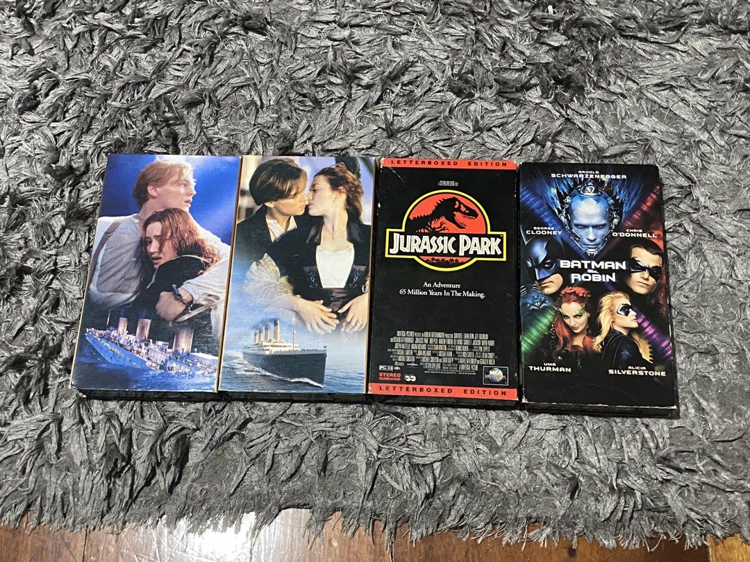VHS Tapes Titanic, Jurassic Park, Batman & Robin (Category: CDs & DVDs) located in Manila. Submitted by vintageonlinee (Listing ID 1456934455, Image 1). Description: - 350 each - VHS Tapes Collection - All for 1000 pesos (Includes: Titanic (Cassette One & Two), Jurassic Park (Letterboxed Edition), Batman & Robin) - Great for collectors or nostalgia trips - All tapes come in their original cases - JURASSIC PARK SOLD.