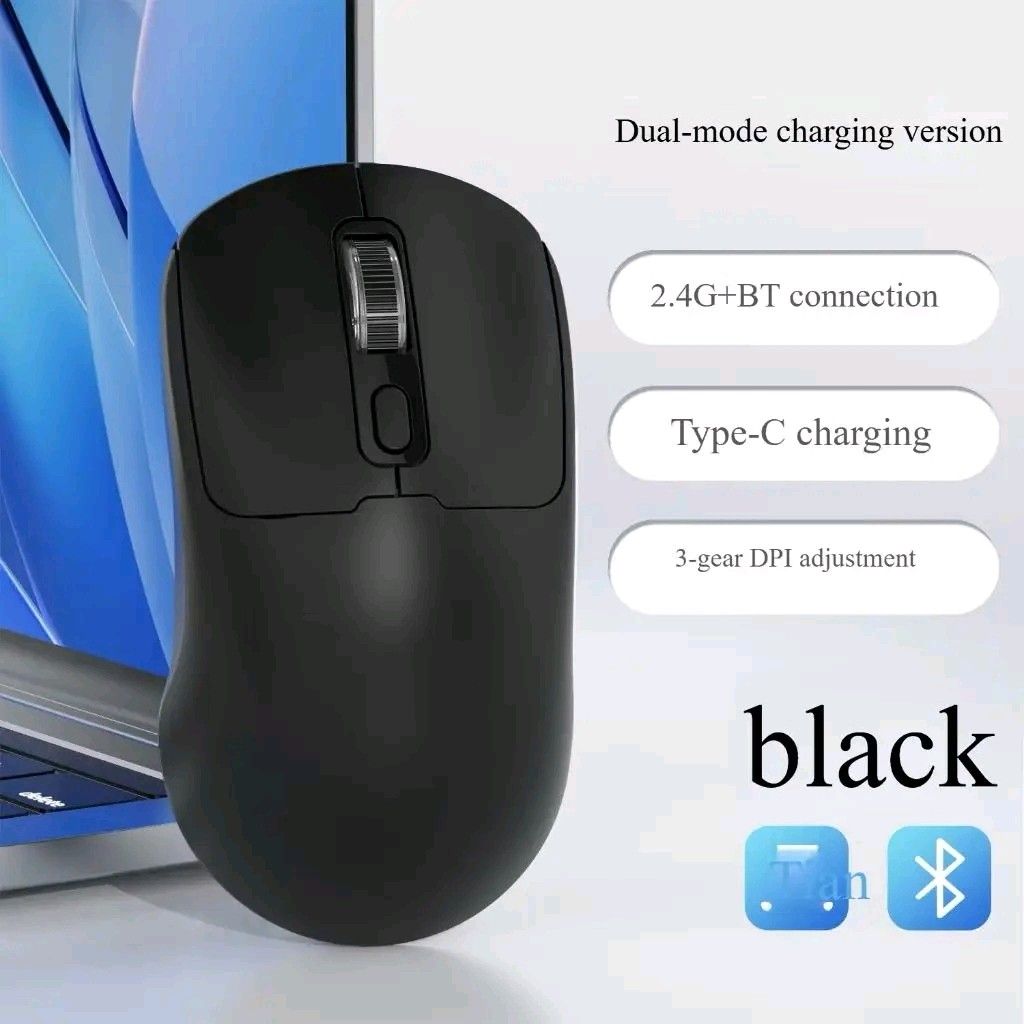 Wireless Mouse 1600 DPI, Dual Mode Bluetooth & 2.4G, Type-C Charging (Category: Mouse & Mousepads) located in Manila. Submitted by marvieobordo (Listing ID 1456936528, Image 3). Description: - Wireless Mouse with 1600 DPI and 3-gear sensitivity adjustment. - Connects seamlessly via 2.4G wireless or Bluetooth. - Convenient Type-C charging. - Available in stylish colors: Black, White, Pink, Blue, and Purple. - Perfect for both home and office use. 