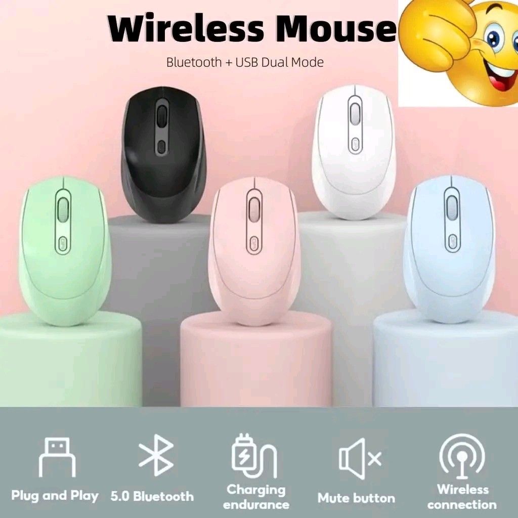 Wireless Mouse Bluetooth + USB Dual Mode Plug and Play (Category: Mouse & Mousepads) located in Manila. Submitted by marvieobordo (Listing ID 1456936221, Image 3). Description: - Wireless mouse with dual connectivity: Bluetooth or USB for a stable connection. - Plug and play: Super easy to set up and use. - Mute button: Enjoy quiet clicking without disturbing others. - Available in multiple colors: White, Pink, Green, Blue, and Black. - Ideal for