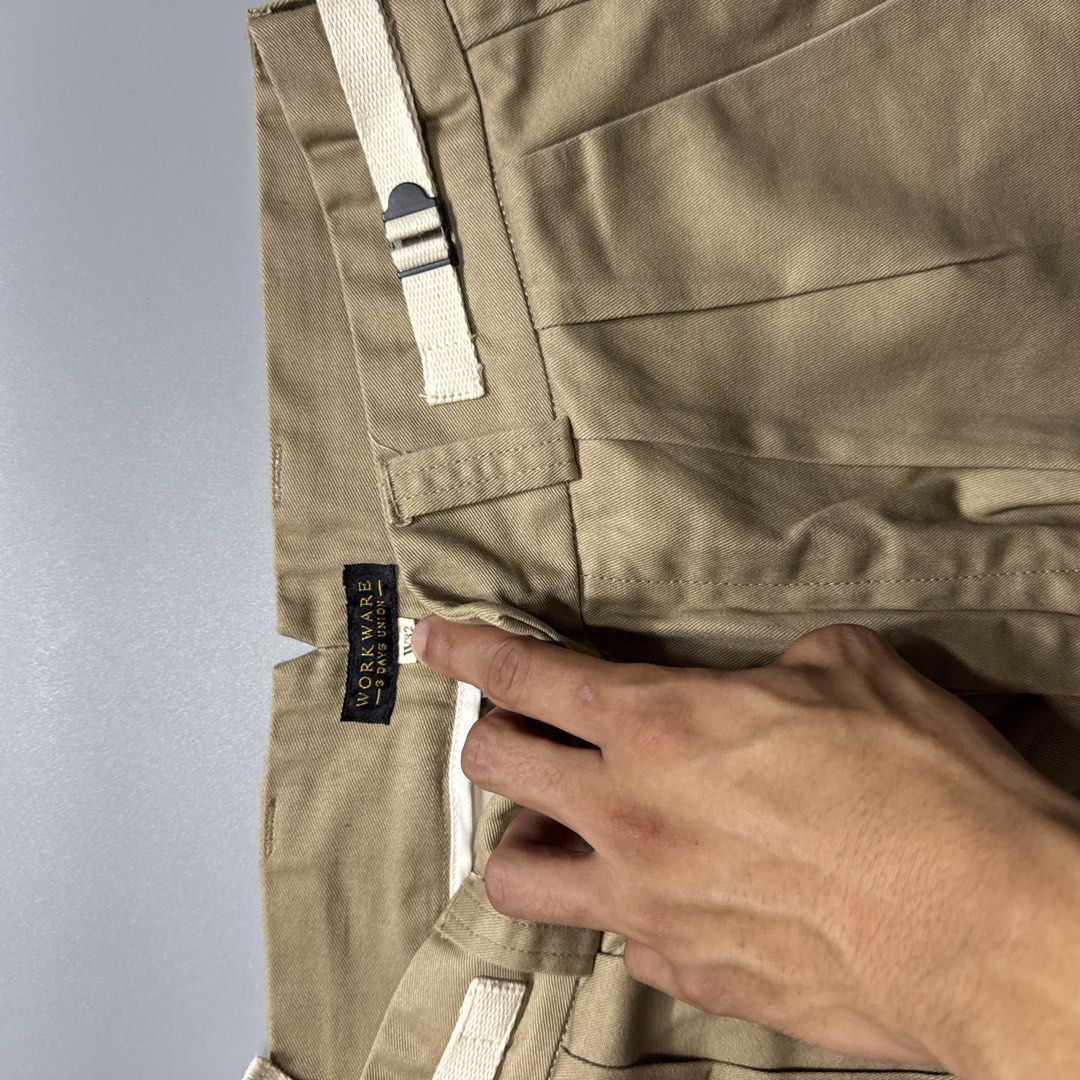 WORKWARE Khaki Double Pleated Trousers (Category: Trousers) located in Santa Cruz. Submitted by bigsteppa.tiger (Listing ID 1456936862, Image 3). Description: 3Days Workware Union Pants Workwear style, reproduction piece. Great condition Waist – 32 Length – 41.5 Hem – 9.5.